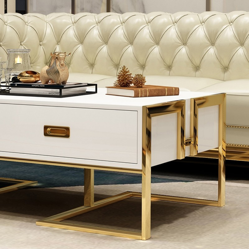 Meubler Design Table Basse Blanche Avec Tiroirs Base Or Laqué Luxuria