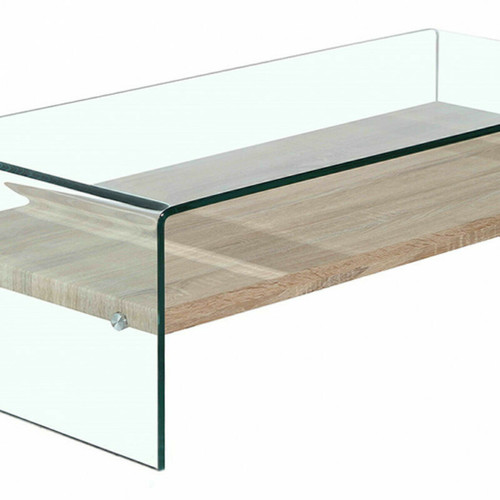 Meubletmoi Table basse en verre trempé avec étagère en bois décor chêne - ICE