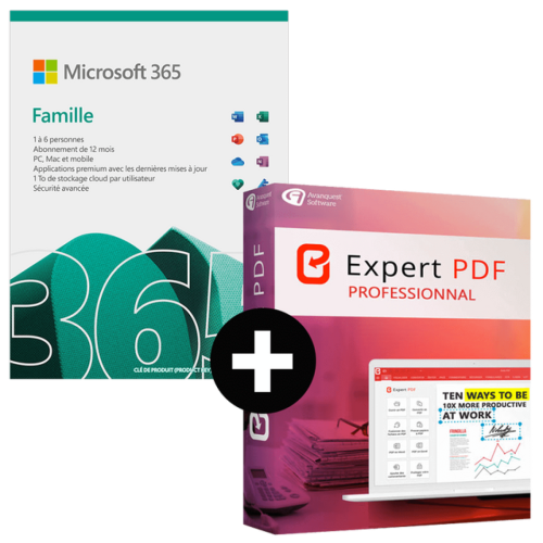 Microsoft - Microsoft 365 Famille 6 utilisateurs 1 an + Expert PDF 15 Pro 1 PC à vie - A télécharger - Utilitaires Bureautique