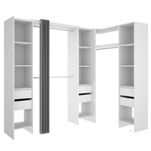 MIRAKEMUEBLE - Commode d'angle avec 6 tiroirs et rideau Suit Blanc - Vestiaire Blanc