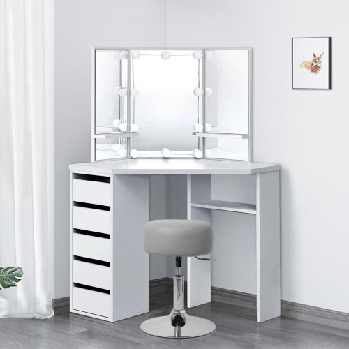 ML design modern living - Table de maquillage d'angle coiffeuse avec miroir et LED + tabouret gris clair - Coiffeuse