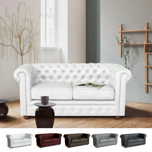 Salons complets Modus Sofà Canapé en Similicuir deux places Capitonné ChesterFIELD Design, Couleur: Blanc