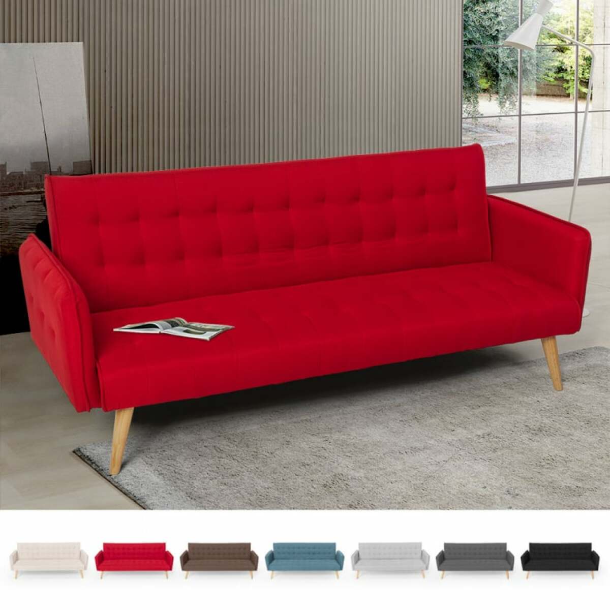 Salons complets Modus Sofà Canapé-lit 3 places clic clac en tissu inclinable design nordique Malibu, Couleur: Rouge