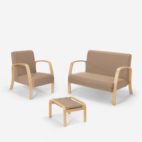 Modus Sofà Canapé de salon scandinave bois et tissu, fauteuil, repose-pieds Gyda | Couleur: Beige
