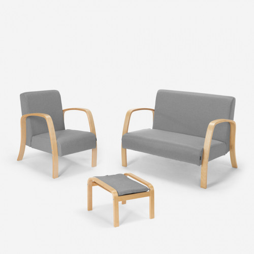 Modus Sofà Canapé de salon scandinave bois et tissu, fauteuil, repose-pieds Gyda | Couleur: Gris