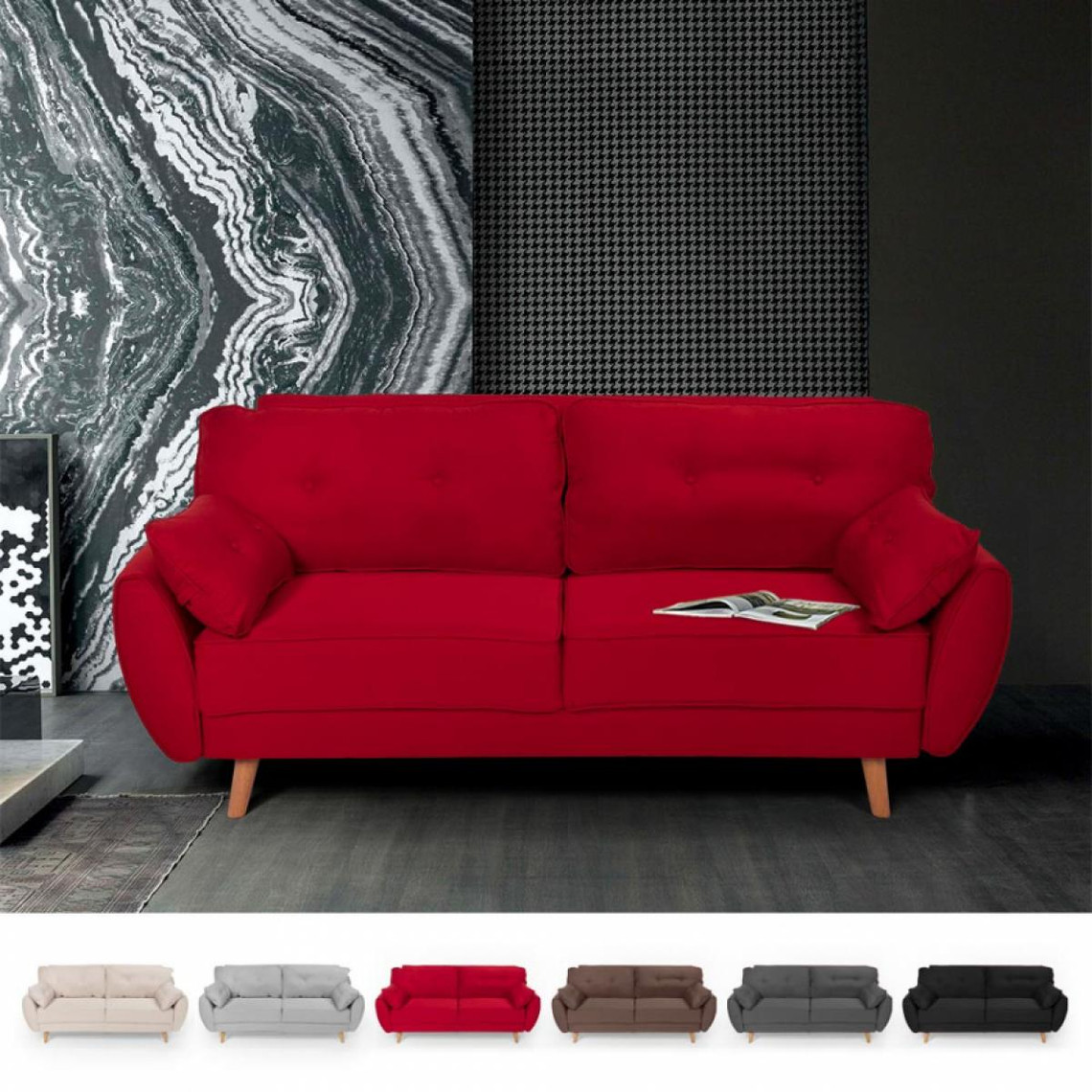 Modus Sofà Canapé-lit inclinable design nordique clic clac 3 places en tissu Fortaleza, Couleur: Rouge