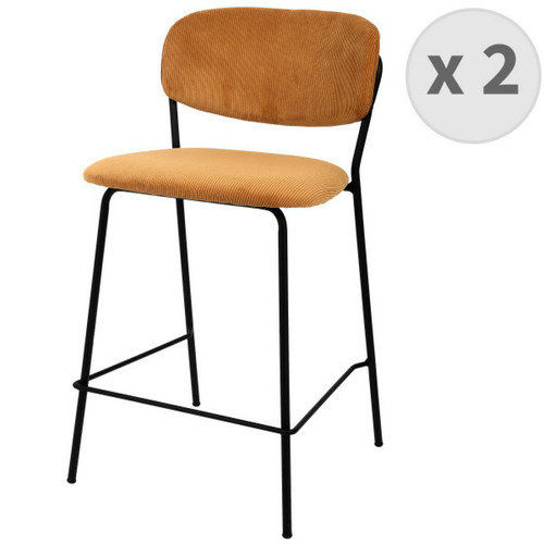 Tabourets Moloo CLARA - Chaise de bar en tissu cotelé Ocre et métal noir mat (x2)