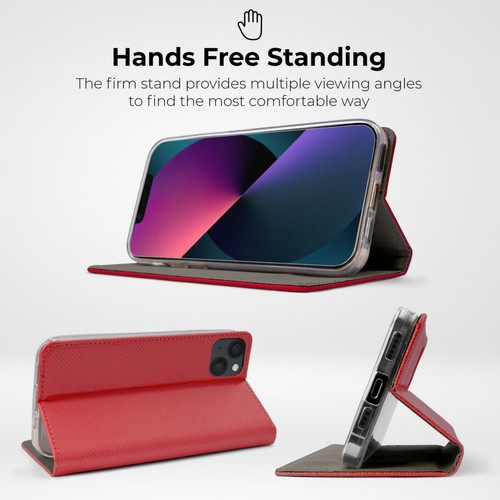 Coque, étui smartphone Moozy Case Flip Cover pour iPhone 13, Rouge – Étui portefeuille à rabat magnétique intelligent avec porte-cartes et support, emplacements pour cartes de crédit, fonction béquille