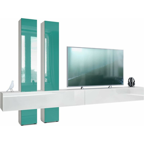 Meubles TV, Hi-Fi Mpc Combinaison Murale Corps  Blanc Mat/façades Blanc  Et Turquoise Haute Brillance 204 X 330 X 39