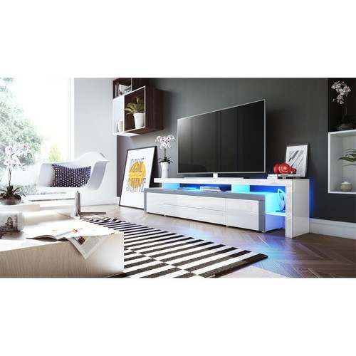 Mpc -Meuble tv   blanc brillant et bordure grise  + led rgb (LxHxP): 227 x 52 x 35  cm Mpc  - Mpc