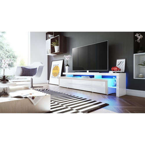 Mpc - Meuble tv   blanc brillant et bordure sable  + led rgb (LxHxP): 227 x 52 x 35  cm - Mpc