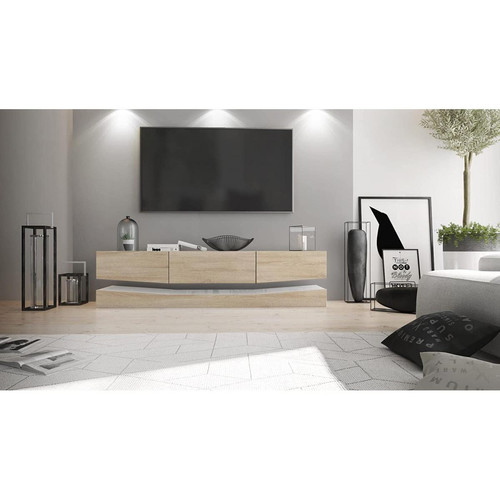 Mpc - Meuble tv avec socle, 1 compartiment ouvert et 3 tiroirs, blanc haute brillance/chêne brut (178 x variable x 39 cm) Mpc  - Meuble chene brut