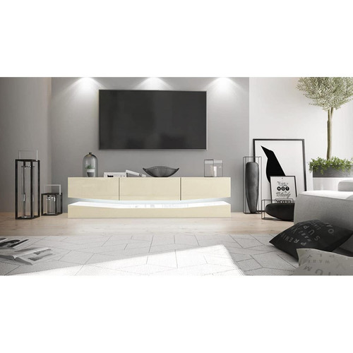 Mpc - Meuble tv avec socle, 1 compartiment ouvert et 3 tiroirs, blanc haute brillance/crème haute brillance, éclairage led inclus (178 x variable x 39 cm) - Mpc