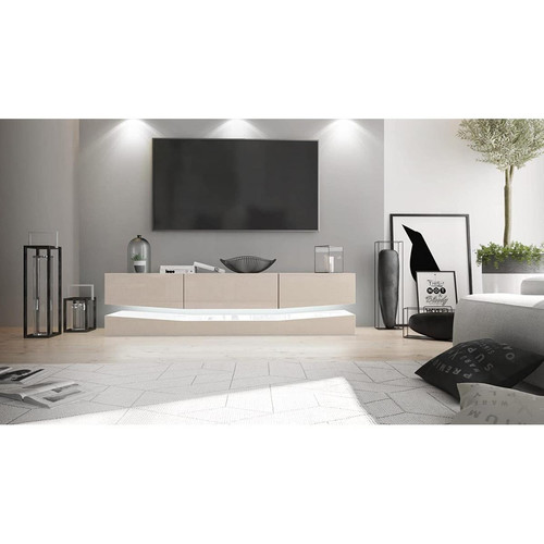 Mpc - Meuble tv avec socle, 1 compartiment ouvert et 3 tiroirs, blanc haute brillance/gris sable haute brillance, éclairage led inclus (178 x variable x 39 cm) - Bonnes affaires Meuble TV Blanc