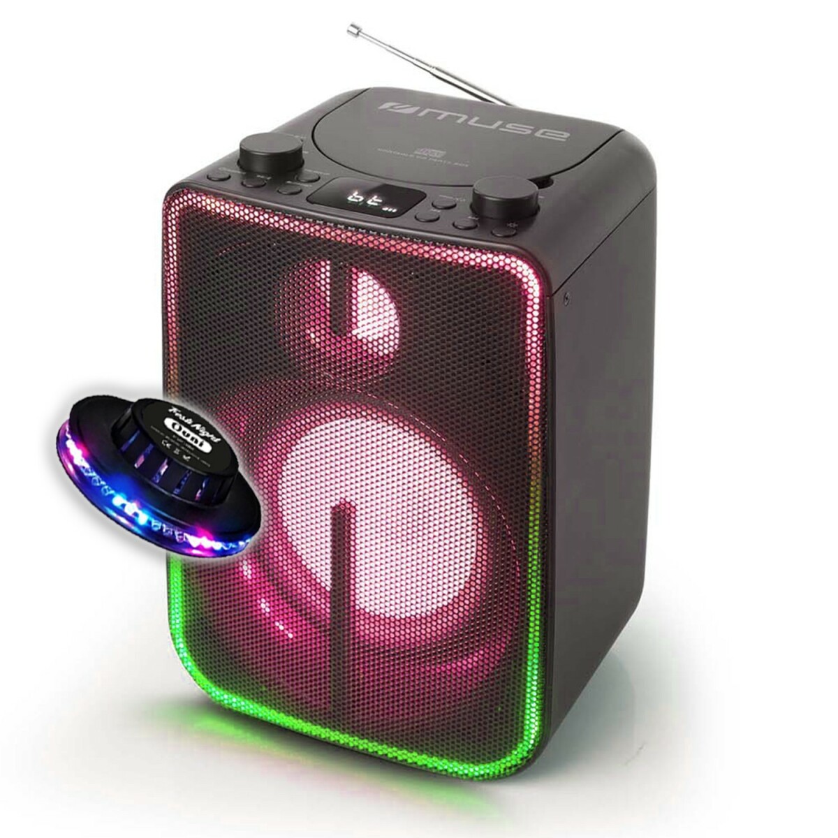 Enceinte sans fil Muse M-1810 DJ Stéréo 60W - Bluetooth 5.0, FM, CD, CD-R/RW, MP3, Effets LED - Batterie, AUX/USB, OVNI LED RVB