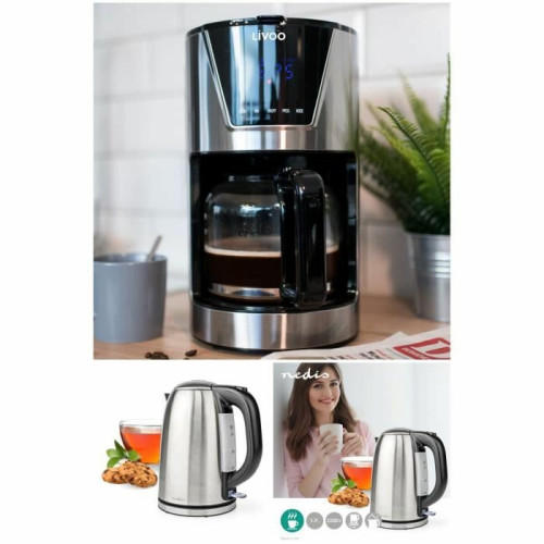 Nedis - Cafetière Machine à café Programmable Inox 1.5L 900W + Bouilloire RETRO INOX 1L7 2200W - Set petit-déjeuner
