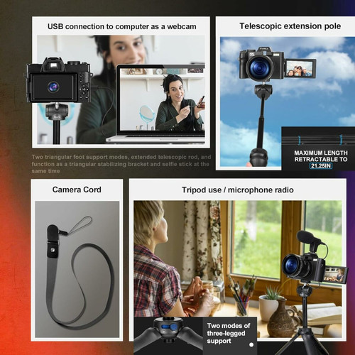 NBD Appareil Photo Numérique 4 K,caméra Vlogging 48MP pour Youtube avec Microphone et poignée pour trépied, caméra vidéo avec Objectif Grand Angle et Macro, kit de création de Contenu et caméra