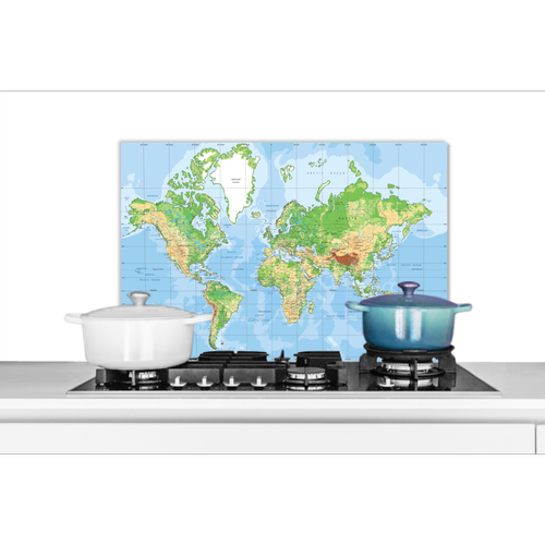 MuchoWow - Credence Carte du monde - Atlas - Topographie Fond de hotte 70x50 cm Credence aluminium Plaque inox de cuisine - Credence
