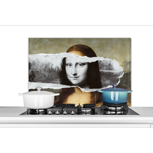 MuchoWow - Credence Mona Lisa - Noir et blanc - Da Vinci Fond de hotte 80x55 cm Credence aluminium Plaque inox de cuisine - Credence