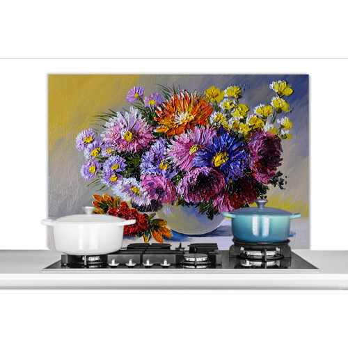 None - Credence Peinture à l'huile - Fleurs - Nature morte Fond de hotte 100x65 cm Credence aluminium Plaque inox de cuisine - None