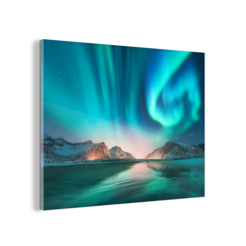MuchoWow - Impression sur verre Aurores boréales - Neige - Réflexion - Norvège Tableau decoration murale salon 160x120 cm Tableau sur verre acrylique - MuchoWow