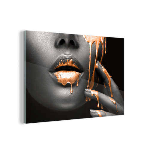 MuchoWow -Impression sur verre Lèvres - Orange - Noir Tableau decoration murale salon 150x100 cm Tableau sur verre acrylique MuchoWow  - Tableaux, peintures