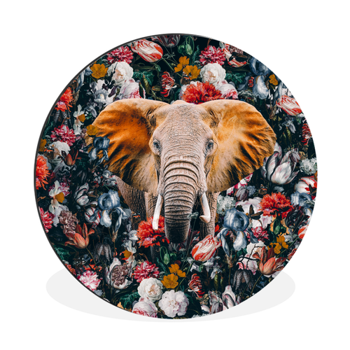MuchoWow - Tableau imprimé rond Éléphant - Fleurs - Tasse Impression sur aluminium en rond 140x140 cm Tableau decoration murale salon - MuchoWow