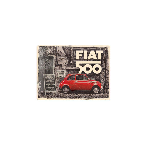Nostalgic Art - Plaque décorative en métal en relief 40 x 30 cm Fiat 500 - Red car in the street. Nostalgic Art  - Décoration