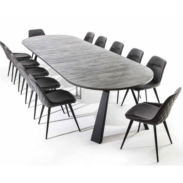 Tables à manger Nouvomeuble Table ronde extensible 370 cm grise effet pierre SATURNIUM