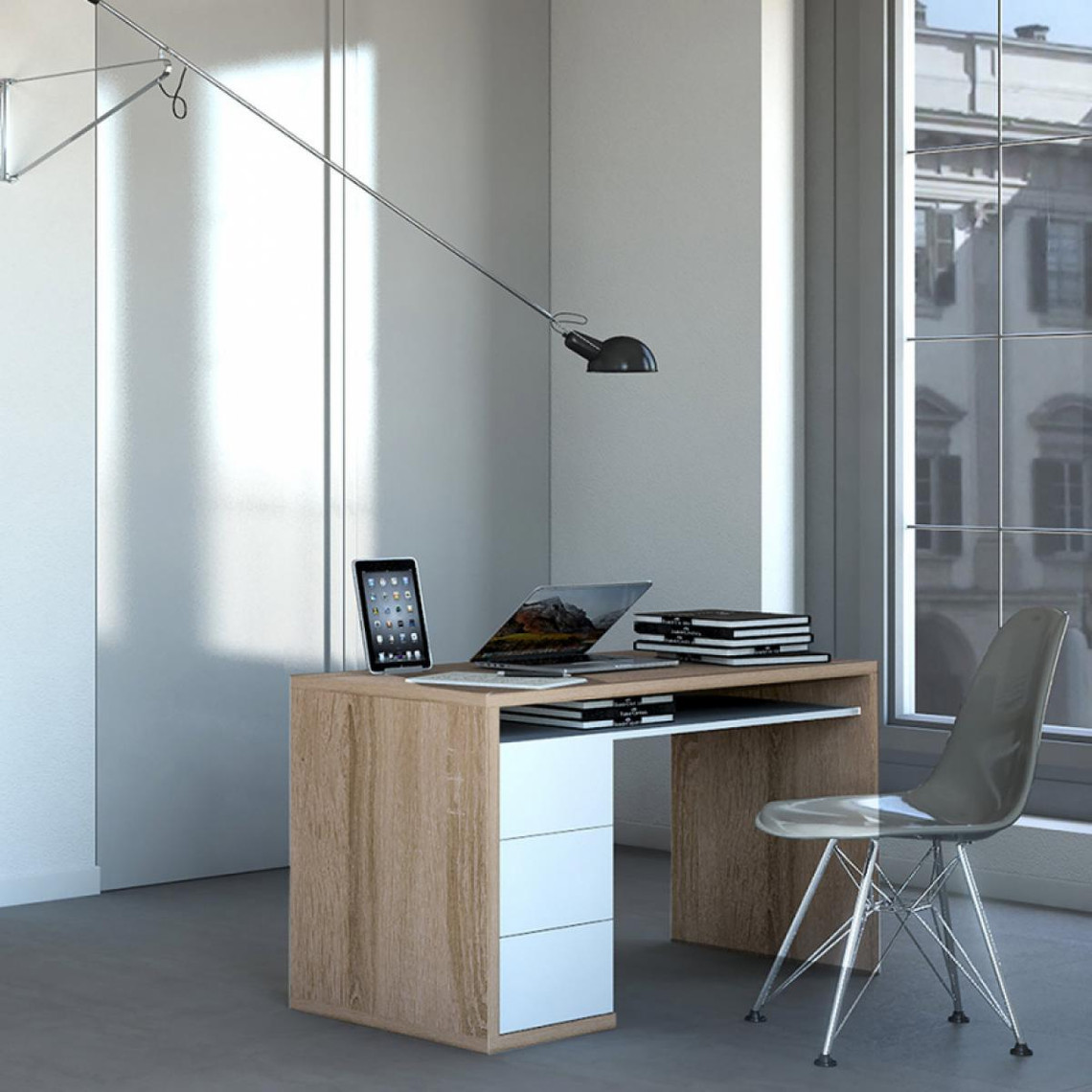 office24 Bureau au design moderne en bois de chêne avec 3 tiroirs Canberra
