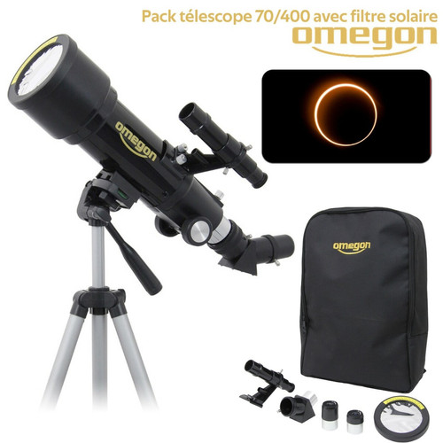 Omega - Télescope Omegon AC 70/400 AZ + Sac à dos + trépied + Filtre solaire + Occulaires K10 mm K20 mm, 1,25" + chercheur 5x24 - Omega