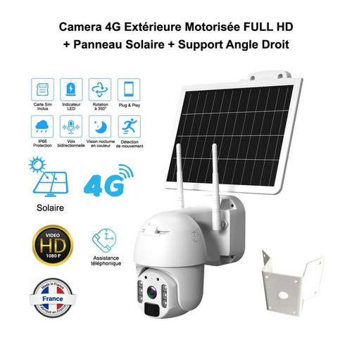 Caméra de surveillance connectée Optex Camera 4G extérieur motorisée FULL HD solaire, vision 92° IR + nano SIM 300Mo + support angle droit - Micro & Haut Parleur Intégré