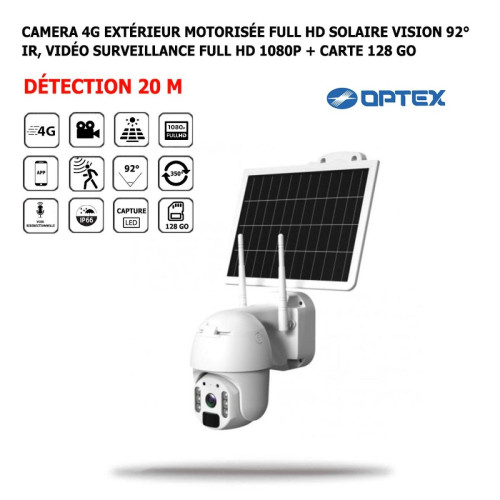 Optex - Camera 4G Extérieur Motorisée Solaire Vision 92° IR, Vidéo Surveillance Full HD 1080p, Détection 20 M, Rotation 350° + Carte 128 Go - Optex