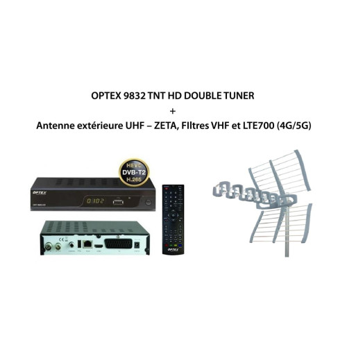 Optex - Pack OPTEX 9832 TNT HD DOUBLE TUNER + Antenne extérieure UHF – ZETA, FIltres VHF et LTE700 (4G/5G) - Optex