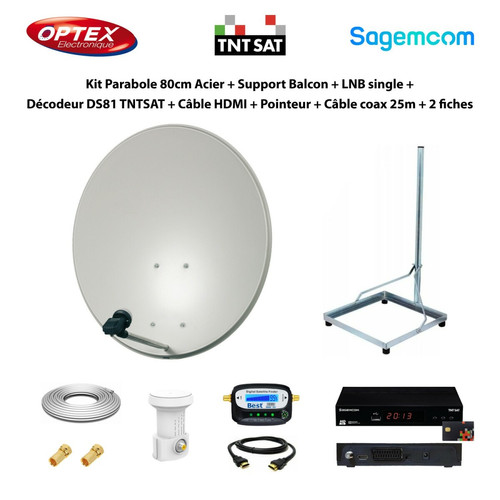 Optex - Kit Parabole 80cm Acier + Support Balcon + LNB single + Décodeur DS81 TNTSAT + Câble HDMI + Pointeur + Câble coax 25m + 2 fiches F Optex  - Antennes extérieures