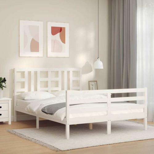 Cadres de lit Maison Chic Lit adulte - Cadre Structure de lit avec tête de lit Contemporain blanc 140x200 cm bois massif -MN27557