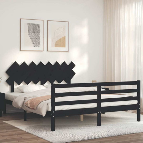 Cadres de lit Maison Chic Lit adulte - Cadre Structure de lit avec tête de lit Contemporain noir 160x200 cm bois massif -MN59155