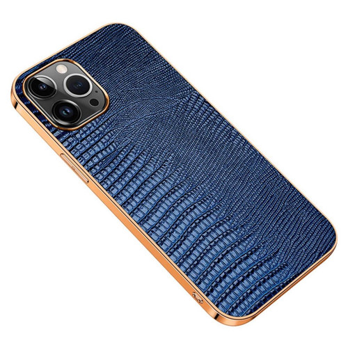Coque, étui smartphone Other Coque en TPU + cuir véritable anti-chute, galvanoplastie, texture de lézard pour votre iPhone 14 Pro Max - bleu