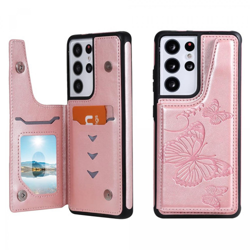 Other - Coque en TPU + PU motif papillon avec béquille et porte-carte or rose pour votre Samsung Galaxy S21 Ultra 5G Other  - Coque, étui smartphone