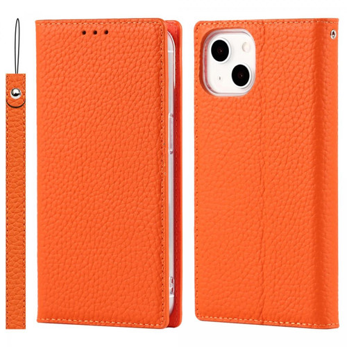 Other - Etui en cuir véritable litchi strié, anti-rayures, avec pied orange pour votre Apple iPhone 13 6.1 pouces Other  - Coque, étui smartphone