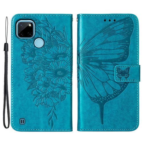 Coque, étui smartphone Other Etui en PU motif de papillons et de fleurs avec support, bleu pour votre Realme C21Y