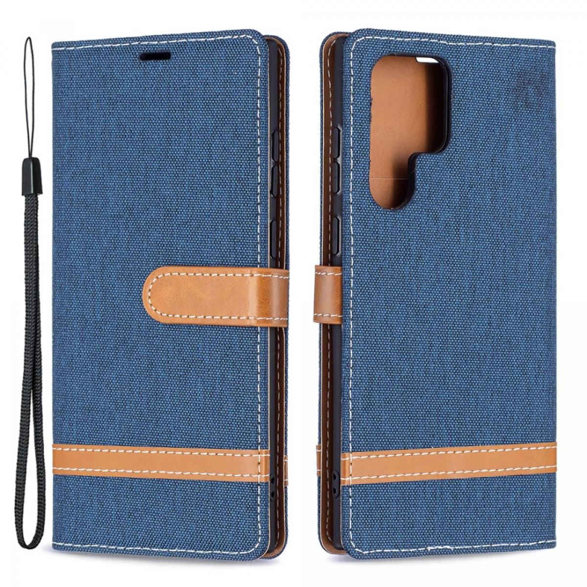 Coque, étui smartphone Other Etui en PU texture de jeans, fermoir magnétique bleu marine pour votre Samsung Galaxy S22 Ultra