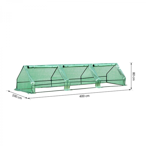 Outsunny Mini serre de jardin serre à tomates 400L x 100l x 80H cm acier PE haute densité 140 g/m² anti-UV 3 fenêtres avec zip enroulables vert