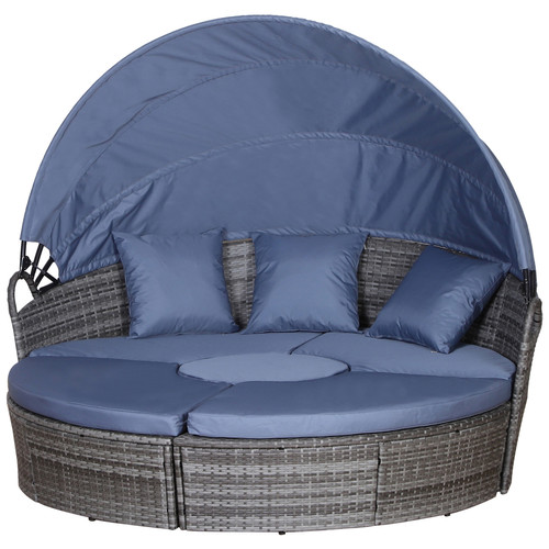 Outsunny - Lit canapé de jardin modulable grand confort pare-soleil pliable 5 coussins 3 oreillers 180L x 175l x 147H cm résine tressée grise polyester bleu Outsunny  - Transat pliant