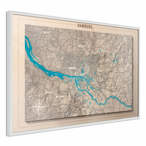 Paris Prix - Affiche Murale Encadrée Raised Relief Map Hamburg 60 x 40 cm Blanc Paris Prix  - Décoration