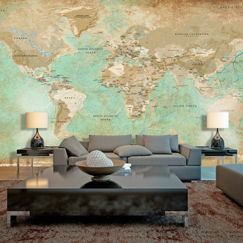 Paris Prix - Papier Peint XXL Turquoise World Map II 280x500cm Paris Prix  - Revêtement mural intérieur