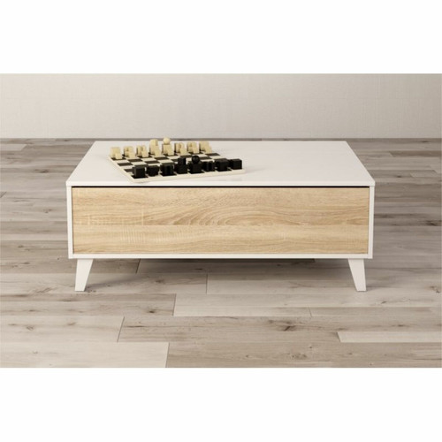 Tables basses ZAIKEN PLUS Table basse scandinave blanc brillant et decor chene - L 100 cm