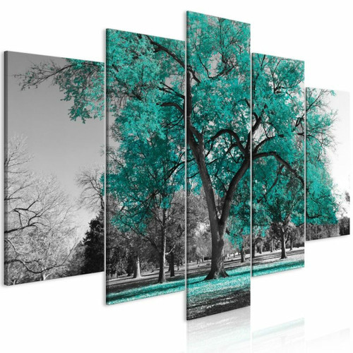 Paris Prix - Tableau 5 Panneaux Autumn in the Park Wide Turquoise 100 x 200 cm Paris Prix  - Tableaux, peintures