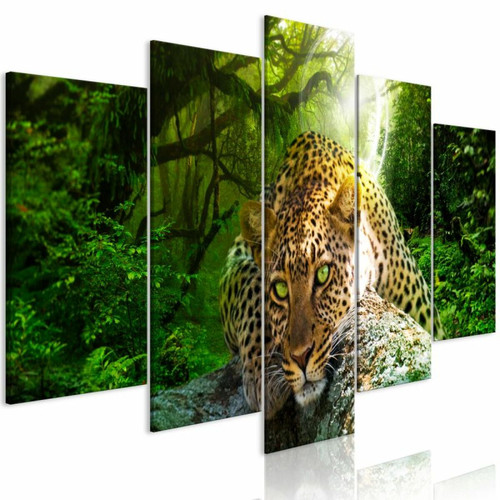 Paris Prix - Tableau 5 Panneaux Leopard Lying Wide Green 50 x 100 cm Paris Prix  - Tableau 5 panneaux