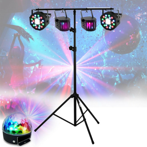 Party Light & Sound - Pack light DJ 5 jeux de lumière compacts et puissants, 1 Portique robuste - PA DJ SONO MIX LED Soirée anniversaire mariage, Bar - Effets lumineux